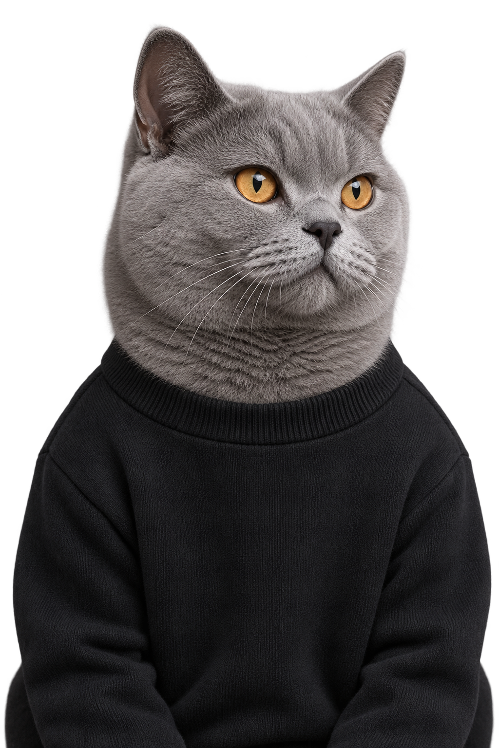 Temporary portrait: a serious gray cat wearing a black sweater